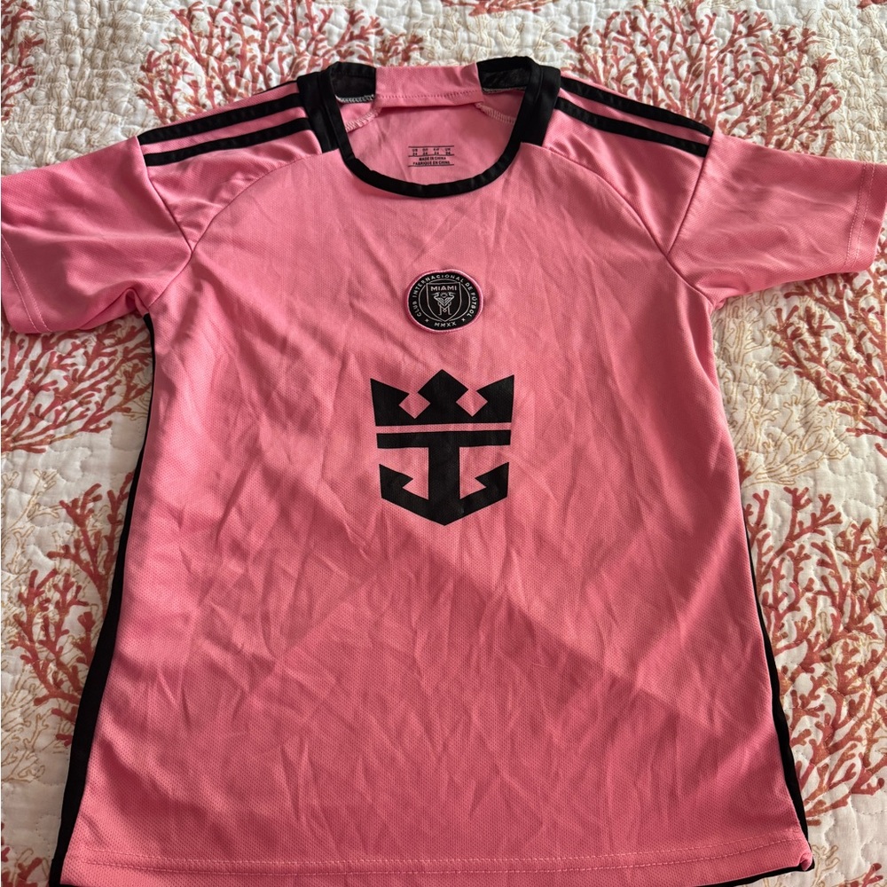 Pink Kids Messi Jersey with Black Details and matching shorts